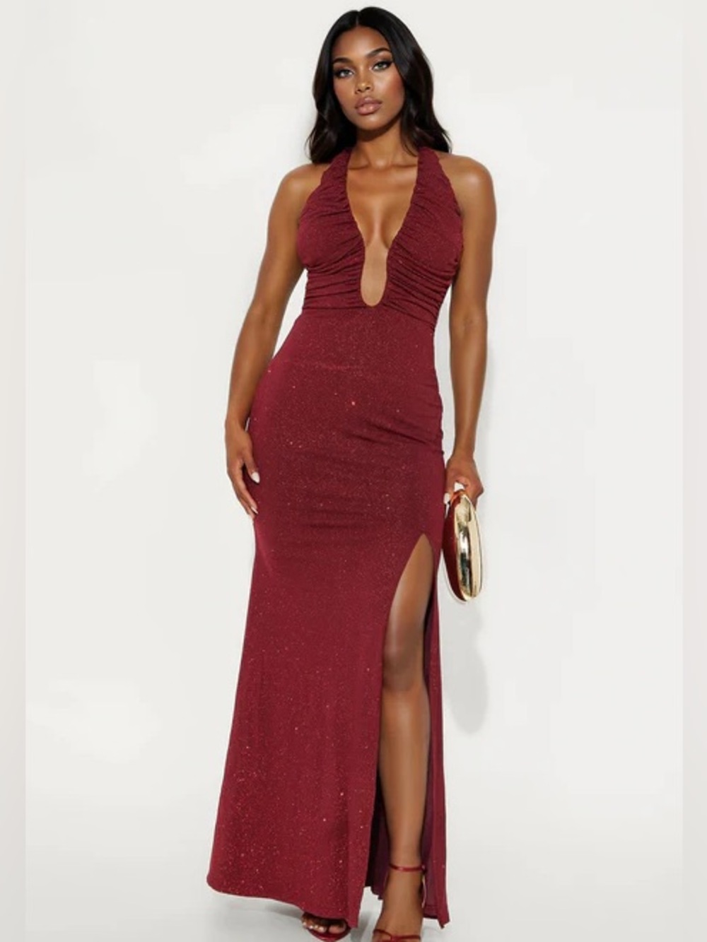 Reagan Deep V Halter Burgundy Evening Gown NEW 🏷️